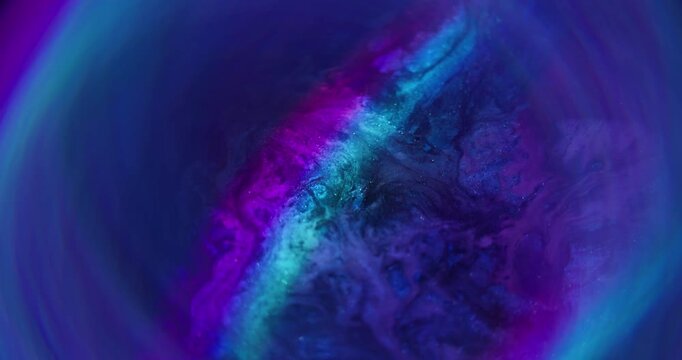 Colorful flow. Defocused wet light. Shiny water mix leak neon rainbow flare. Round frame abstract gradient ink liquid texture background.