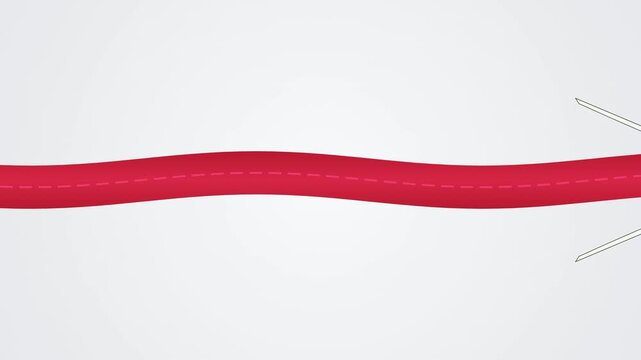 Animation showing a needle and thread connecting two separated pieces of red fabric.