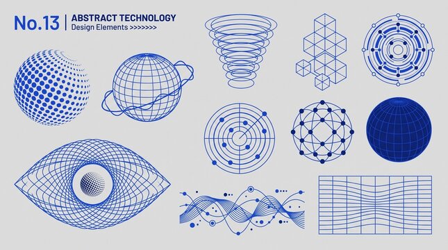 Set of abstract blue geometric technology design elements on a light grey background for digital graphics