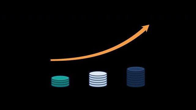Minimal flat vector motion graphic illustrating profitability analysis through three ascending stacks of colorful coins and a continuous orange growth arrow. The arrow initiates with a small arrowhead
