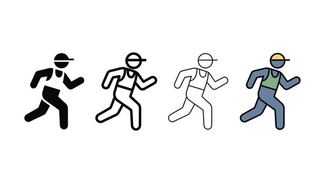 Collection of diverse stylized runner icons representing different artistic styles and color palettes for sport and fitness applications