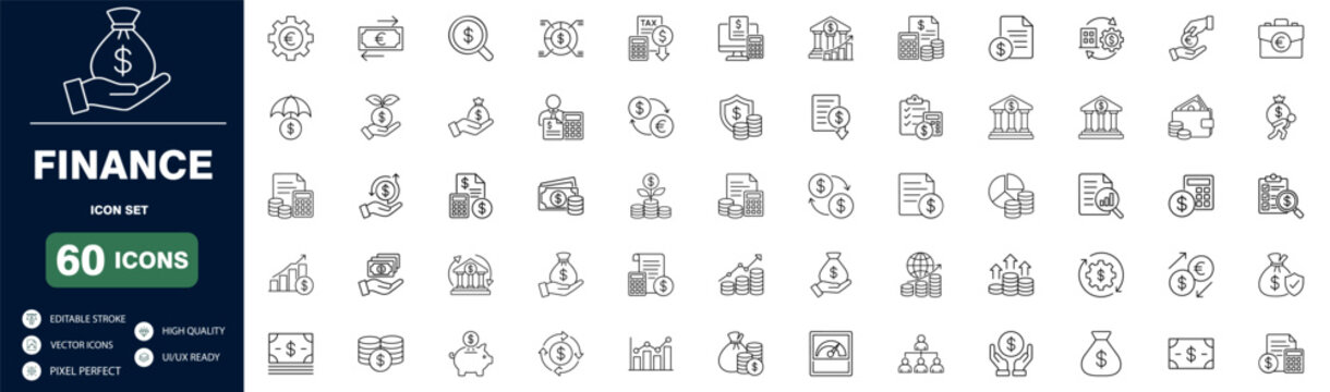 Finance icon Set with money bags and charts symbolizing banking, wealth and investment. Coins for savings, growth and accounting. Ideal for business management. Editable Stroke, Vector Illustration.