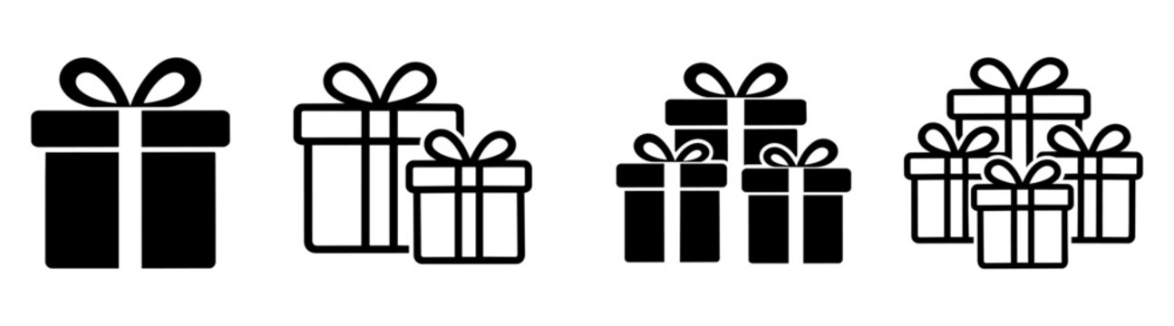 Gift box icon Set with ribbons symbolizing presents, surprise, and celebration. Boxes for shopping, rewards, and holidays. Perfect for commerce and marketing. Editable Stroke, Vector Illustration.