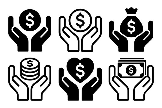 Financial Protection icon Set with hands holding money symbolizing security, wealth and savings. Icons for banking, investment, charity and fiscal management. Editable Stroke, Vector Illustration.