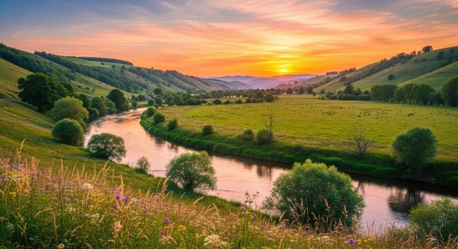 A vibrant landscape showcases a meandering river flowing through a lush, green valley. Rolling hills covered in vibrant wildflowers and trees frame the river's course.