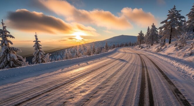 The sun rises over a snow-covered mountain road. The road winds through a dense forest of evergreen trees, all blanketed in snow.