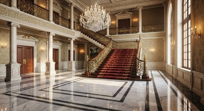 A grand, opulent interior showcases a sweeping staircase leading to a second-story balcony. The staircase is richly decorated with a red carpet and ornate gold detailing.