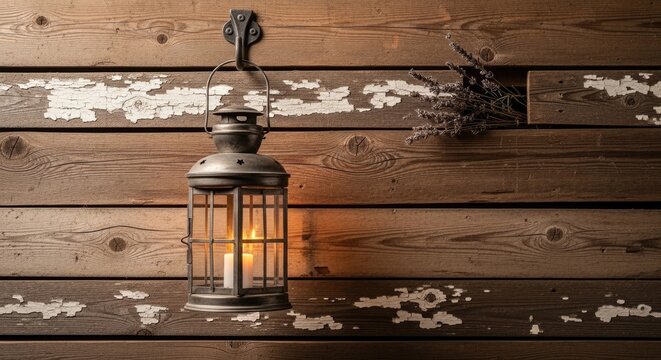 A weathered, antique lantern hangs on a rustic wooden wall. A small bundle of dried lavender sits beside the lantern, casting a warm glow.