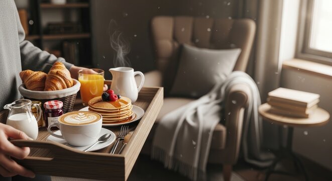 A person is enjoying a luxurious breakfast in a cozy armchair.