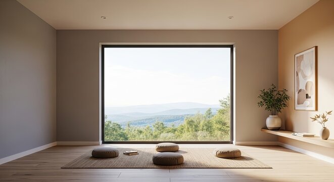 A serene room features a large window overlooking a mountainous landscape. A meditation mat sits on a wooden floor, alongside a small plant and a wooden shelf.