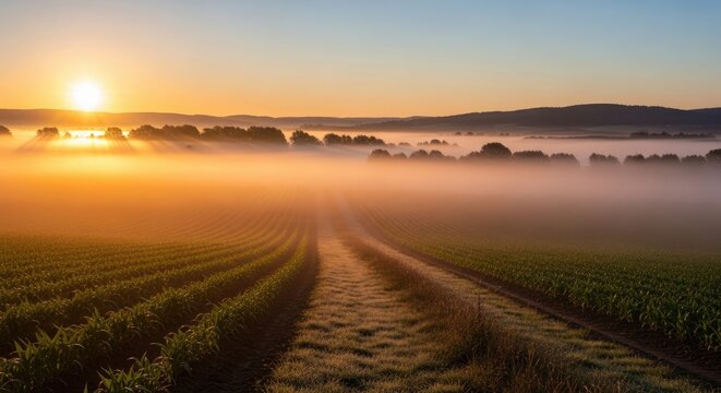The sun rises over a misty field, illuminating a long, winding dirt path through a vibrant green agricultural landscape. Rows of crops stretch into the distance, partially obscured by a thick fog.