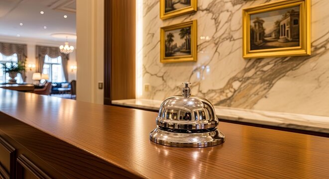 A polished wooden desk holds a gleaming silver bell on its surface. The desk is positioned in front of a marble wall adorned with framed artwork.