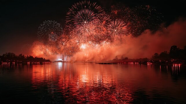 Fiery fireworks exploding over tranquil water with vibrant reflections during a night celebration