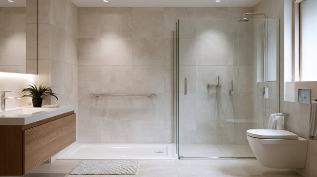 Modern Bathroom Safety Design with Grab Rail and Slip Resistant Mat