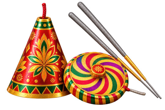 Colorful traditional diwali firecrackers including flower pot anar, ground spinner chakri, and sparklers for indian festival celebration, isolated on transparent background