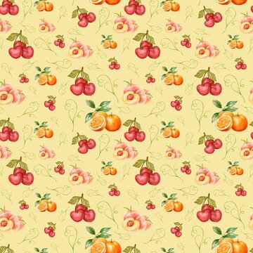 Watercolor seamless pattern of sweet cherries, oranges, and peaches on yellow background