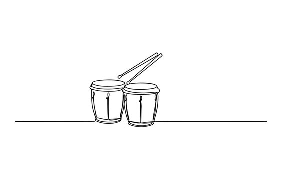 Continuous one line drawing of a pair of bongo drums with drumsticks isolated on transparent background
