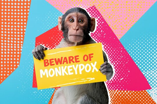 Creative illustration of a monkey holding a beware of monkeypox sign on colorful background