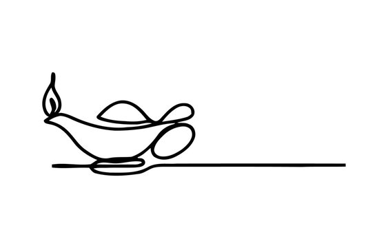 Continuous single line drawing of an old magic oil lamp with a burning flame isolated on transparent background