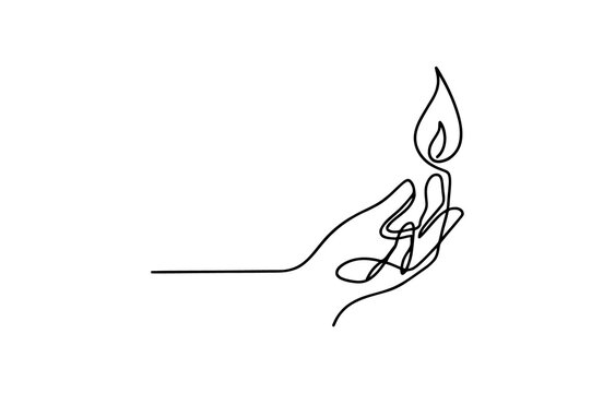 Continuous single line drawing of a human hand holding a small flickering flame representing hope and warmth isolated on transparent background