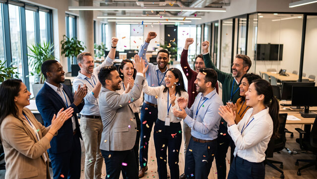 Happy Diverse Employee Team Celebrating Business Success and Achievement with Confetti