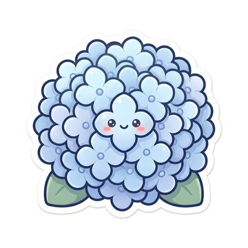 Create one adorable rounded hydrangea flower cluster made of small powder-blue and baby-blue petals, a cute smiling face on the central front petal, tiny rosy cheeks, two little sage-green leaves, sof