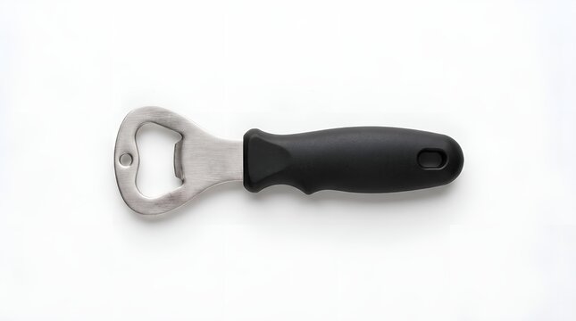 Handheld metal bottle opener with a black ergonomic plastic handle.