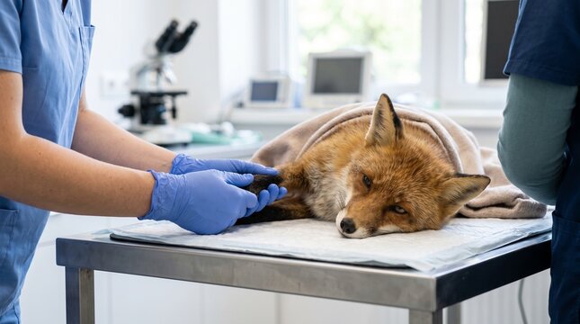 Red fox animal medical examination, lying on a metal examination table wrapped in a blanket, treated by veterinarians in a veterinary clinic, wildlife rehabilitation