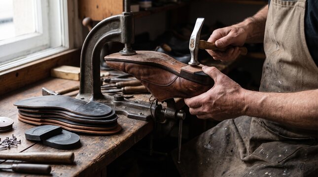 Cobbler repairing leather shoe, hammering sole with vintage tools, working in traditional workshop