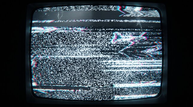 Old television set displaying static noise and signal interference, vintage cathode ray tube monitor with distorted analog broadcast snow
