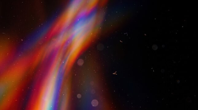 Abstract rainbow light streak background, with vibrant prismatic colors and bokeh particles, glowing in darkness, digital art design