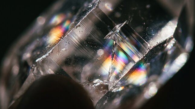 Macro crystal gemstone, with internal rainbow light refraction, glowing under studio light, closeup abstract mineral photography