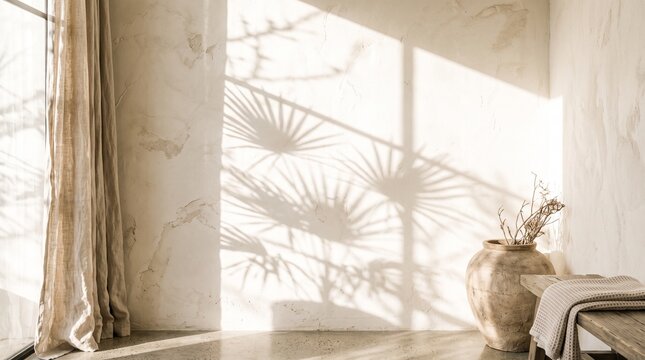 Minimalist interior background with textured white wall, sunlight shadows of palm leaves, rustic ceramic vase, linen curtain, wooden bench, warm neutral beige aesthetic