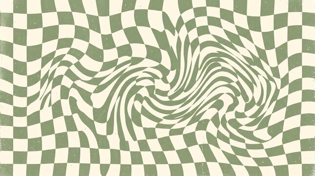 Retro checkered wavy pattern with green and cream distorted optical illusion grid, vintage psychedelic distorted checks background texture