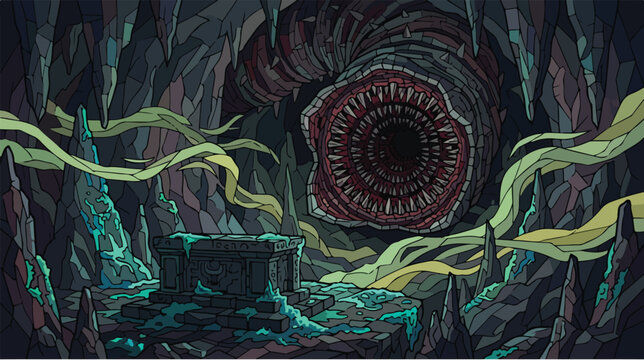 Giant alien worm monster in cavern. Subterranean abyss creature altar background. Stained glass parasite vector art.