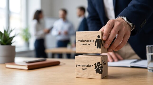 Businessman building medical concept with wooden blocks featuring implantable device and pacemaker icons in office