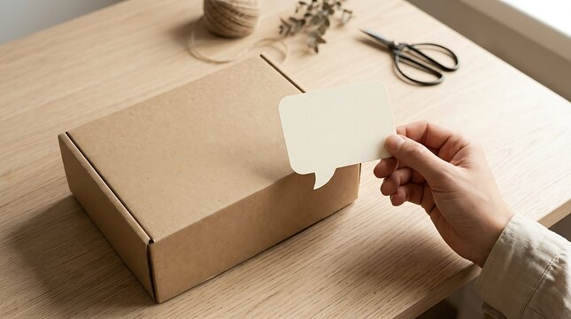 Hand placing blank label on cardboard box with scissors yarn twine