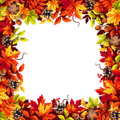 Obraz na płótnie Canvas Autumn frame with colorful fall leaves, pine cones, acorns, and rowanberries. Vector decorative border