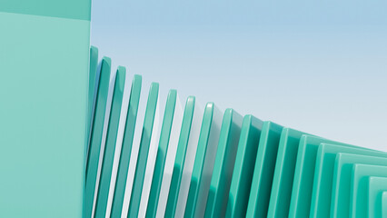 Glossy Mint Green Architectural Brise-Soleil Panels Descending Beside Solid Turquoise Column Against Clear Sky for Eco-Friendly Urban Design © Lazim