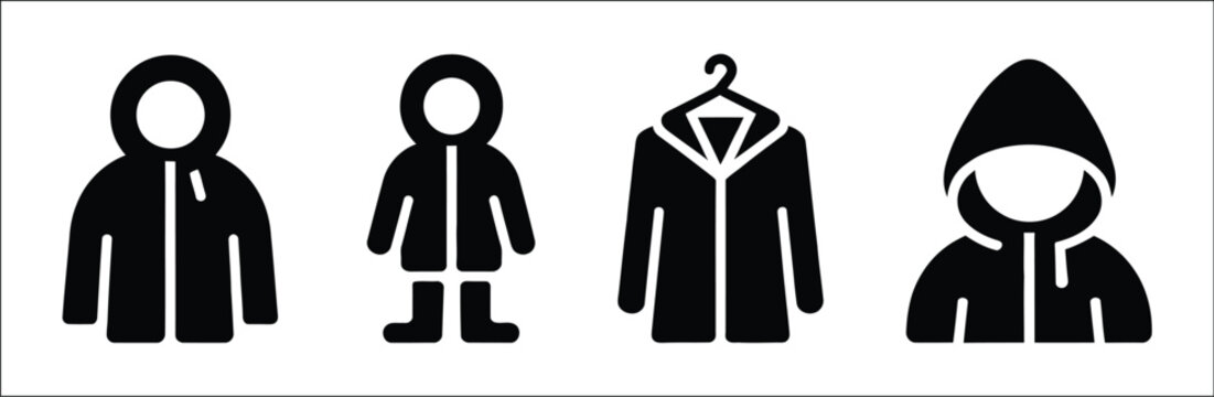 Hoodie and jacket icon set, featuring hooded raincoat, parka coat on hanger, and winter outerwear symbols in solid black vector style.