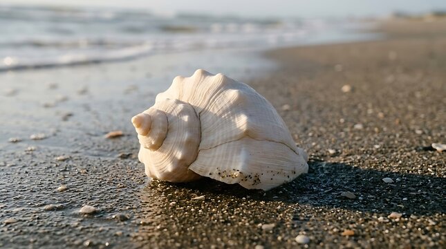 A beautiful seashell resting on the wet sand of a beach at sunset
