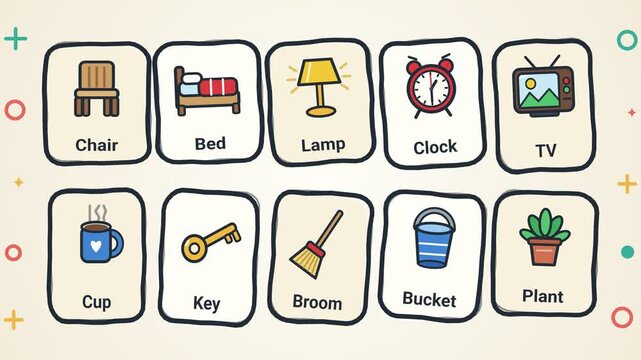 Educational Flashcard Animation Of Daily Household Objects For Kids Learning Vocabulary And Improving Language Skills Through Visual Identification