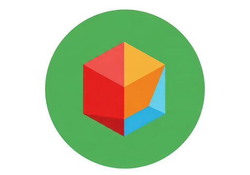 3d icon of a colorful geometric cube made of red, orange, and blue facets inside a green circle isolated on transparent background