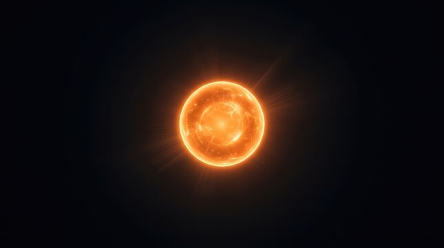 Luminous orb with soft orange light hovers against deep black void. The radiant sphere emanates subtle beams into the dark ambient surroundings, orange, object, magic
