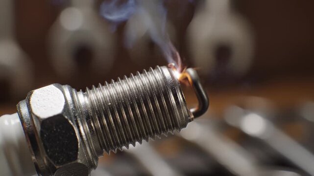 Spark plug firing electricity with sparks in a workshop