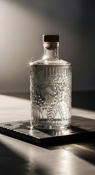 Clear glass bottle of gin with floral pattern on a dark table with dramatic lighting