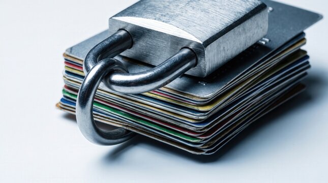 Close up of a stack of credit cards secured with a heavy steel padlock representing financial data protection and cyber security for banking and online payment fraud prevention.