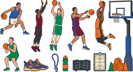 Basketball Players Practicing Shooting, Dribbling, and Dunking with Sports Equipment in Colorful Vector Illustration © MdRobiul