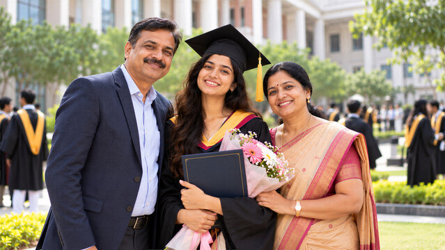 Indian Female Graduate in Cap and Gown with Parents Holding Graduation Bouquet