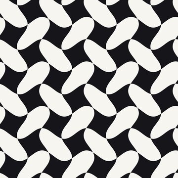 Seamless wavy checkerboard pattern in black and white, bold retro groovy warped checkered background